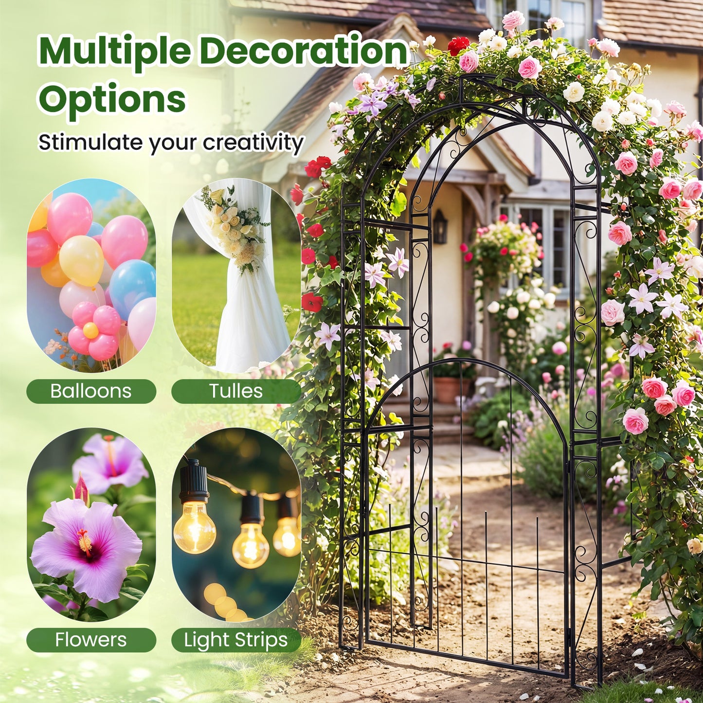 Patiojoy 84" Tall Garden Arbor with Gate Heavy-duty Metal Arch Trellis for Climbing Plants Vines Roses