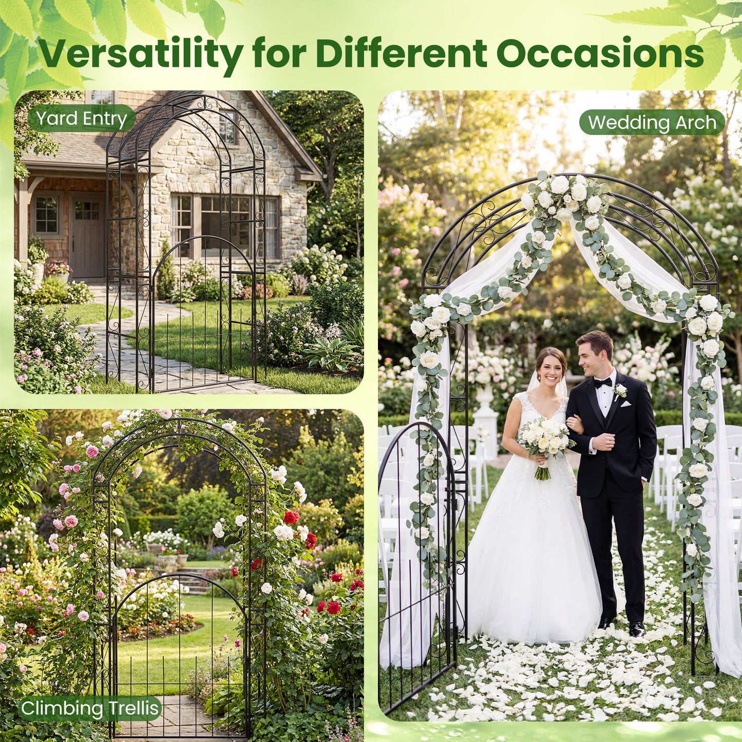 Patiojoy 84" Tall Garden Arbor with Gate Heavy-duty Metal Arch Trellis for Climbing Plants Vines Roses