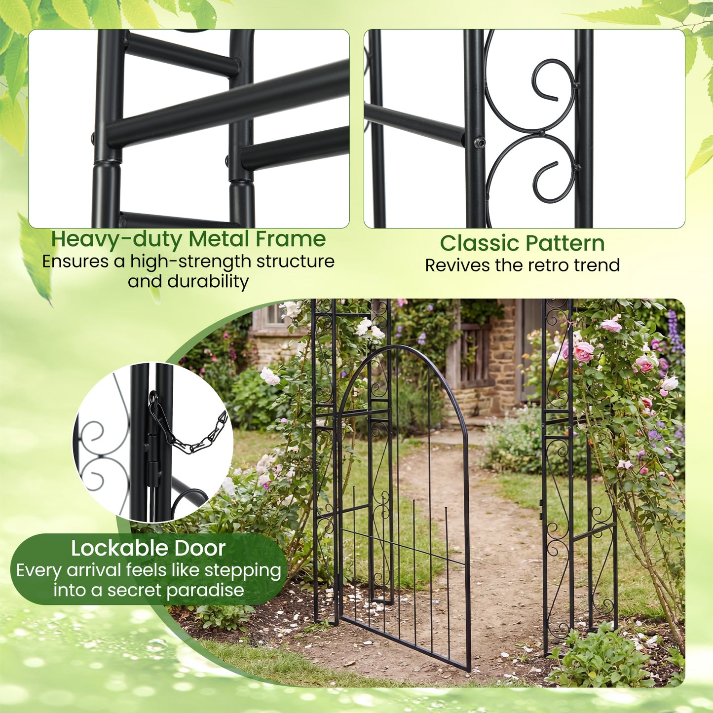 Patiojoy 84" Tall Garden Arbor with Gate Heavy-duty Metal Arch Trellis for Climbing Plants Vines Roses