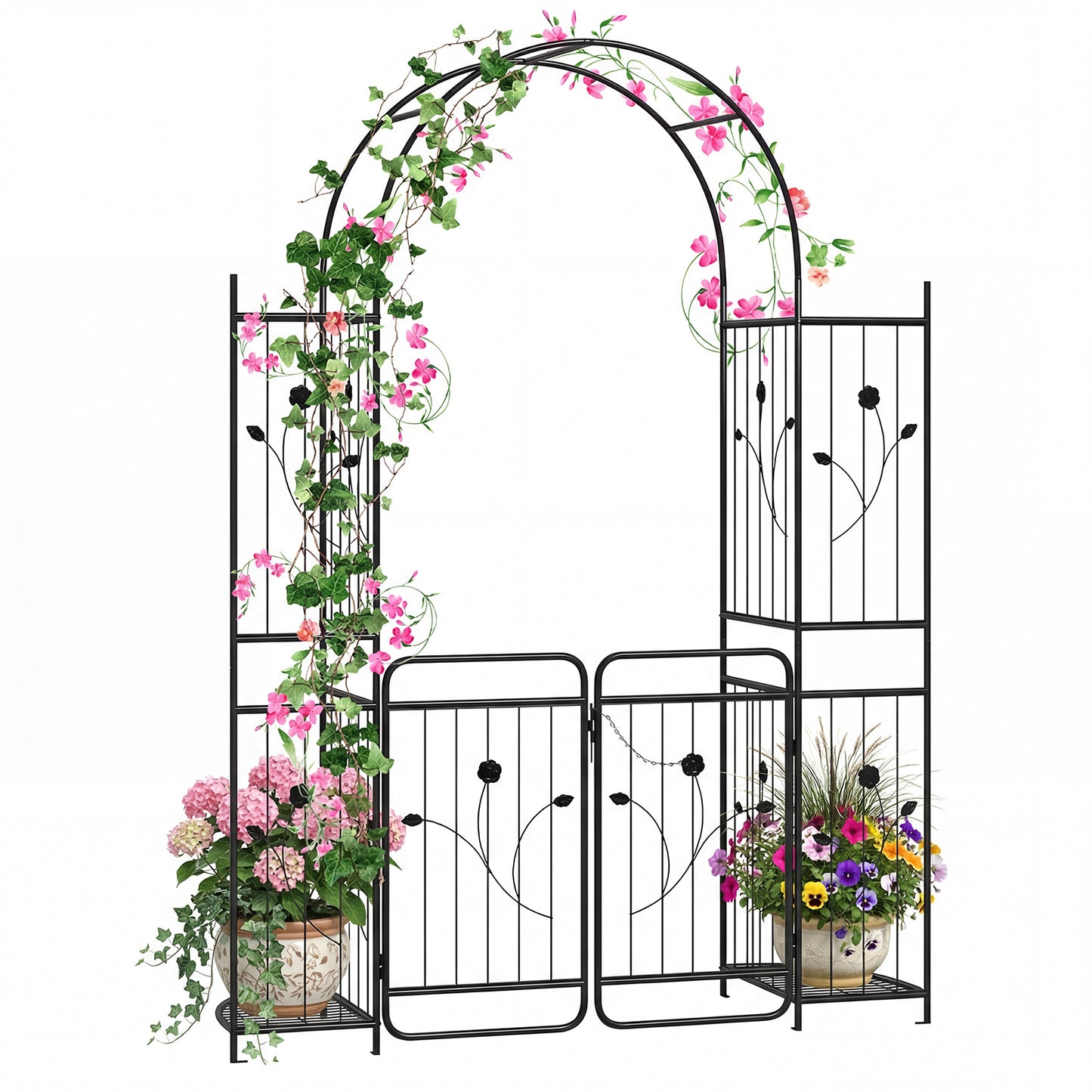 Patiojoy 87" Tall Garden Arch with Lockable Gate Heavy-duty Metal Arbor with Trellis & Side Shelves for Climbing Plants Vines