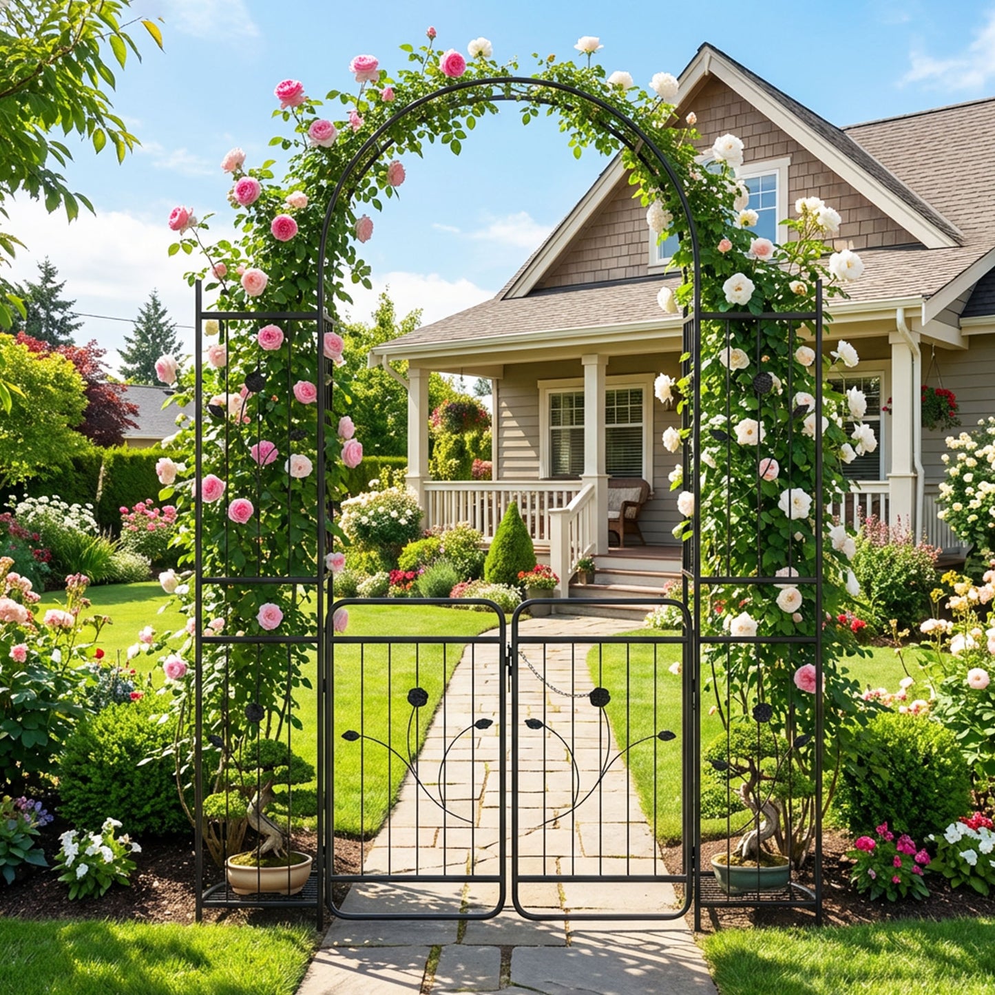 Patiojoy 87" Tall Garden Arch with Lockable Gate Heavy-duty Metal Arbor with Trellis & Side Shelves for Climbing Plants Vines