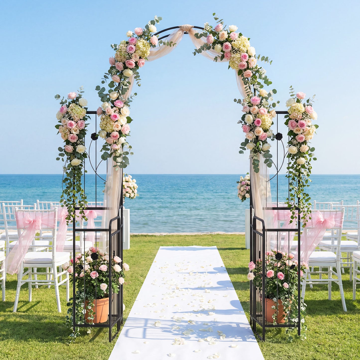 Patiojoy 87" Tall Garden Arch with Lockable Gate Heavy-duty Metal Arbor with Trellis & Side Shelves for Climbing Plants Vines