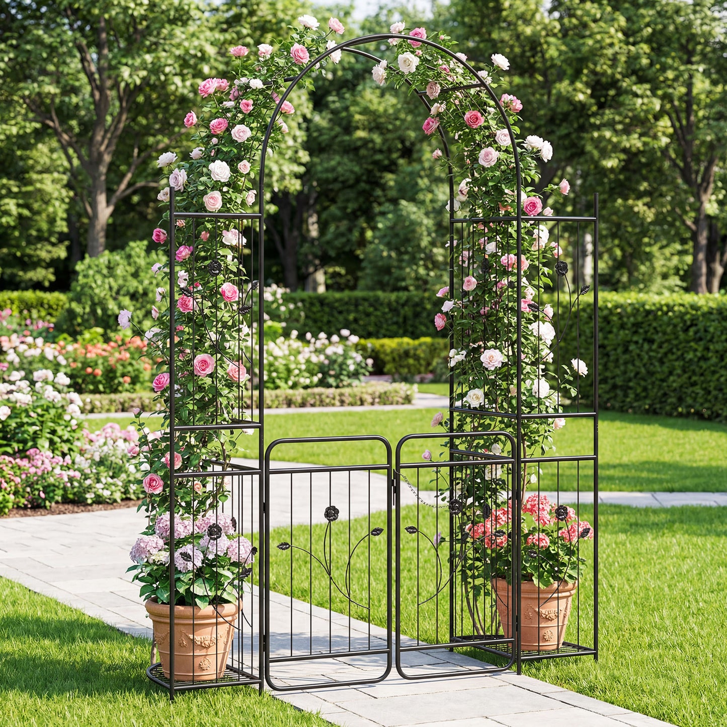 Patiojoy 87" Tall Garden Arch with Lockable Gate Heavy-duty Metal Arbor with Trellis & Side Shelves for Climbing Plants Vines