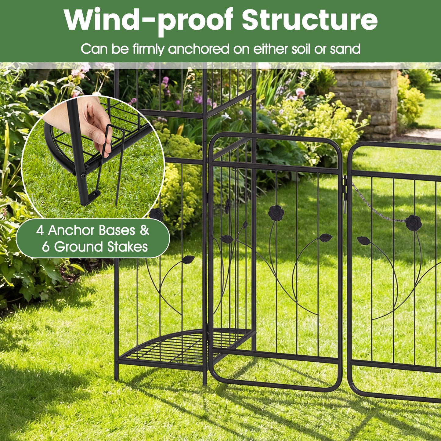 Patiojoy 87" Tall Garden Arch with Lockable Gate Heavy-duty Metal Arbor with Trellis & Side Shelves for Climbing Plants Vines