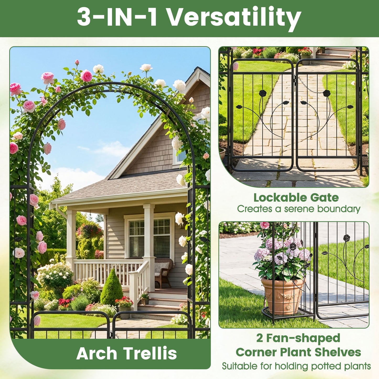 Patiojoy 87" Tall Garden Arch with Lockable Gate Heavy-duty Metal Arbor with Trellis & Side Shelves for Climbing Plants Vines