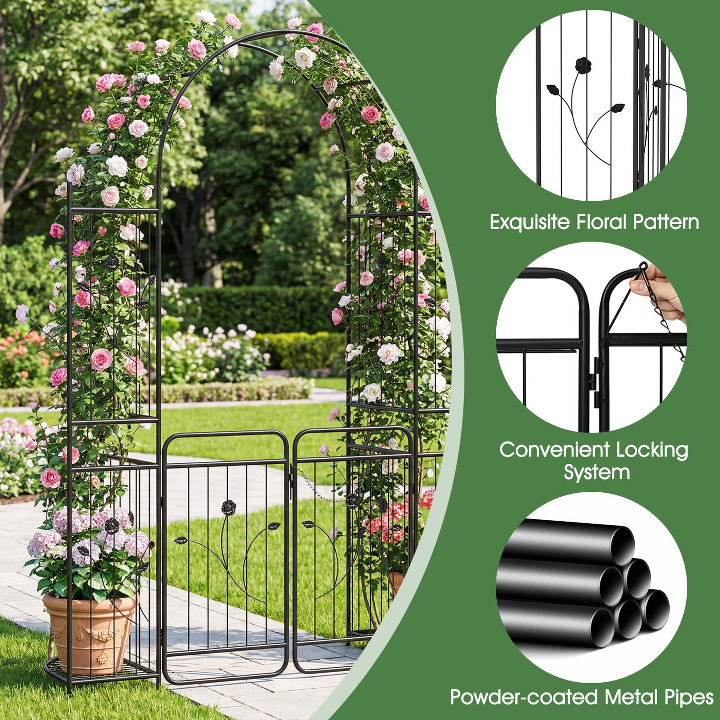 Patiojoy 87" Tall Garden Arch with Lockable Gate Heavy-duty Metal Arbor with Trellis & Side Shelves for Climbing Plants Vines
