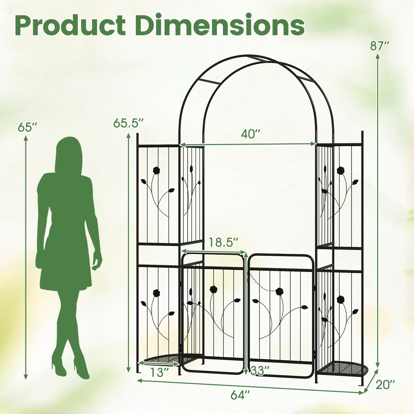 Patiojoy 87" Tall Garden Arch with Lockable Gate Heavy-duty Metal Arbor with Trellis & Side Shelves for Climbing Plants Vines