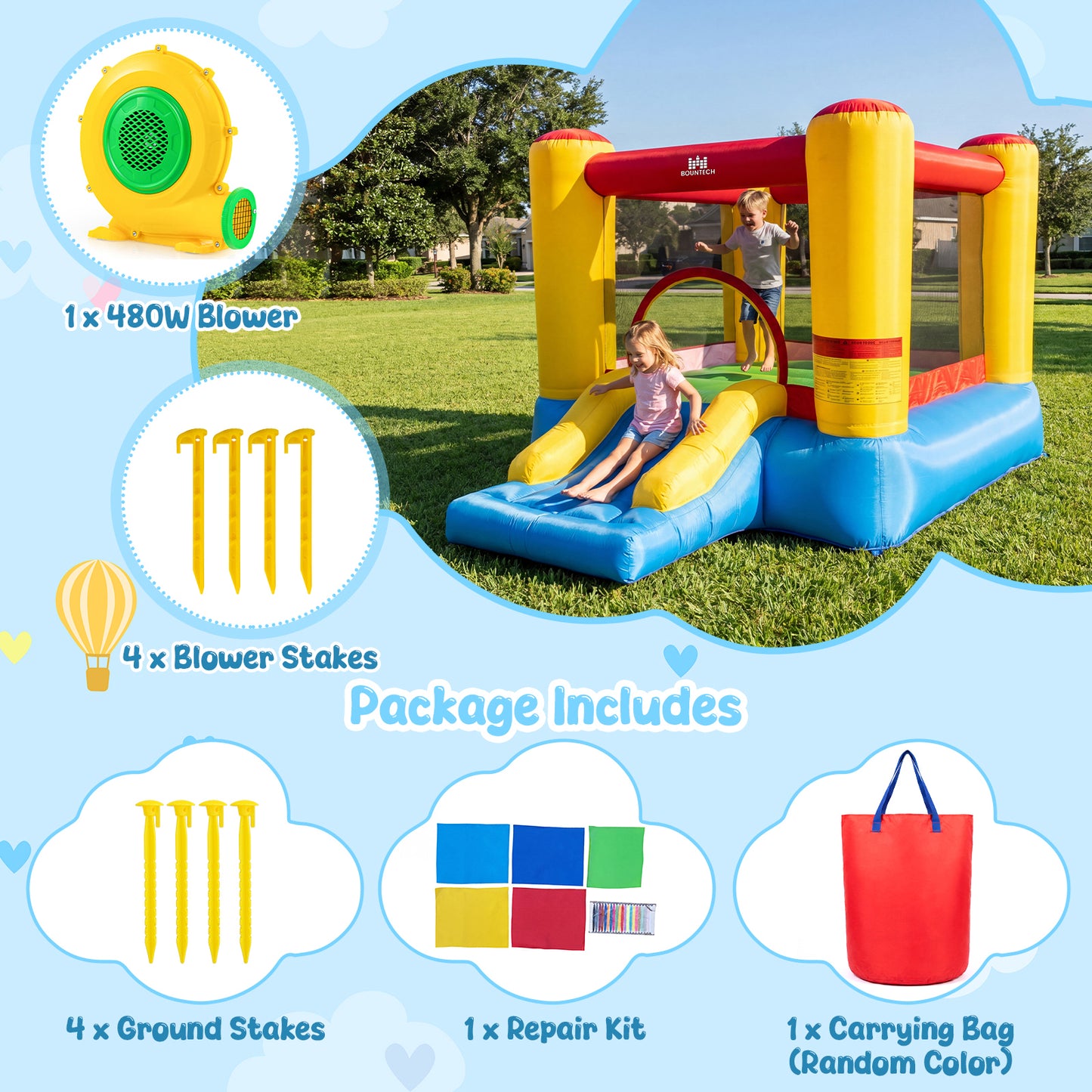 Patiojoy Inflatable Bounce House Kids Jumping House with 480W Blower & Basketball Rim Portable Bouncy Castle