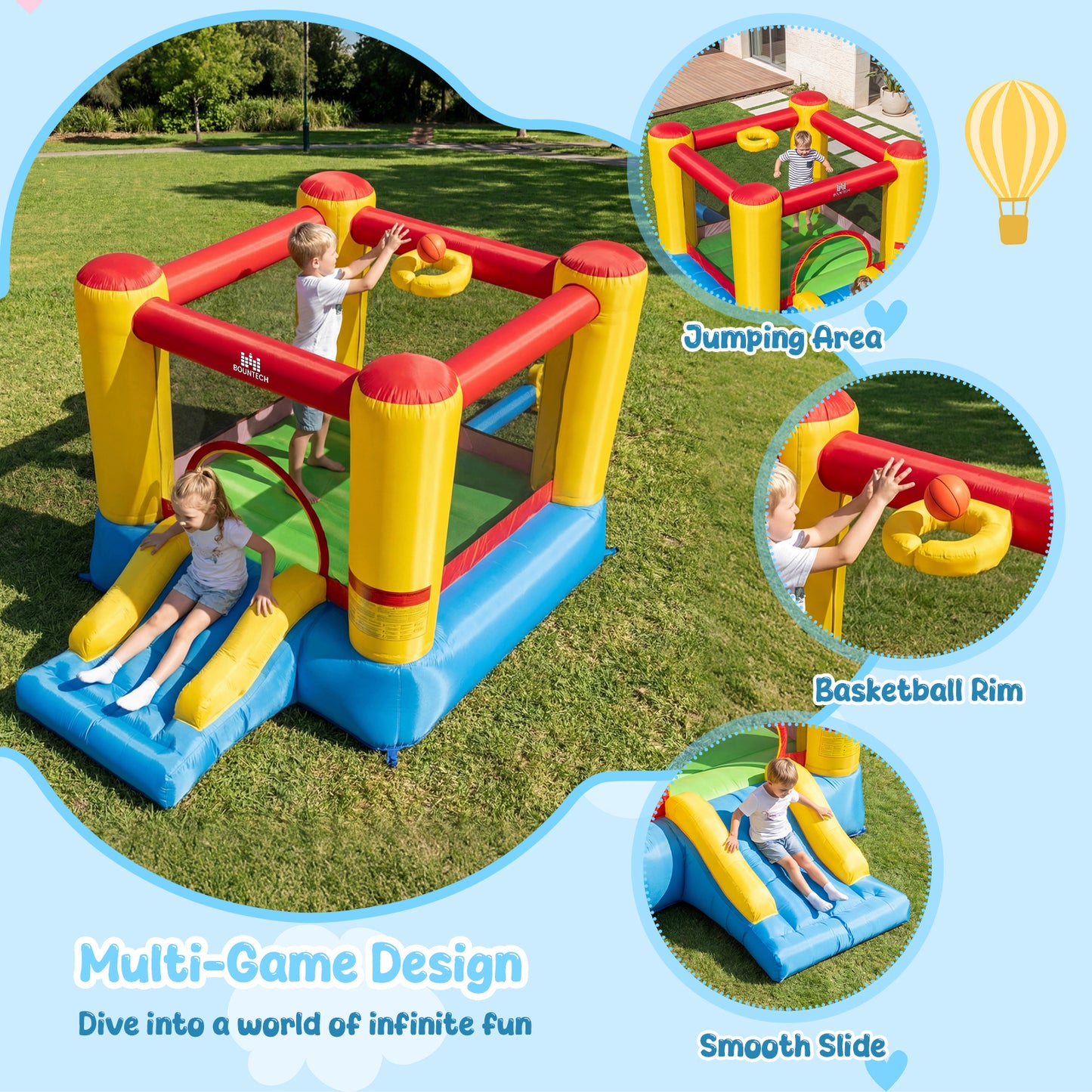 Patiojoy Inflatable Bounce House Kids Jumping House with 480W Blower & Basketball Rim Portable Bouncy Castle