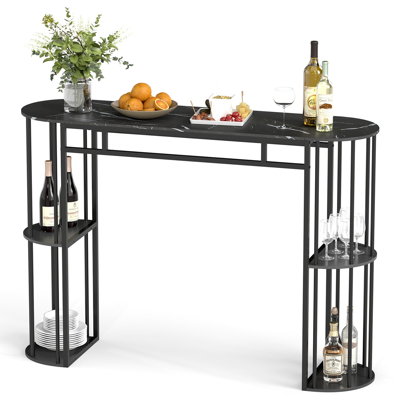 Patiojoy Bar Table 60-Inch Long Pub Rectangular High Top Pub Table with 4 Storage Shelves and Faux Marble Tabletop Black/White