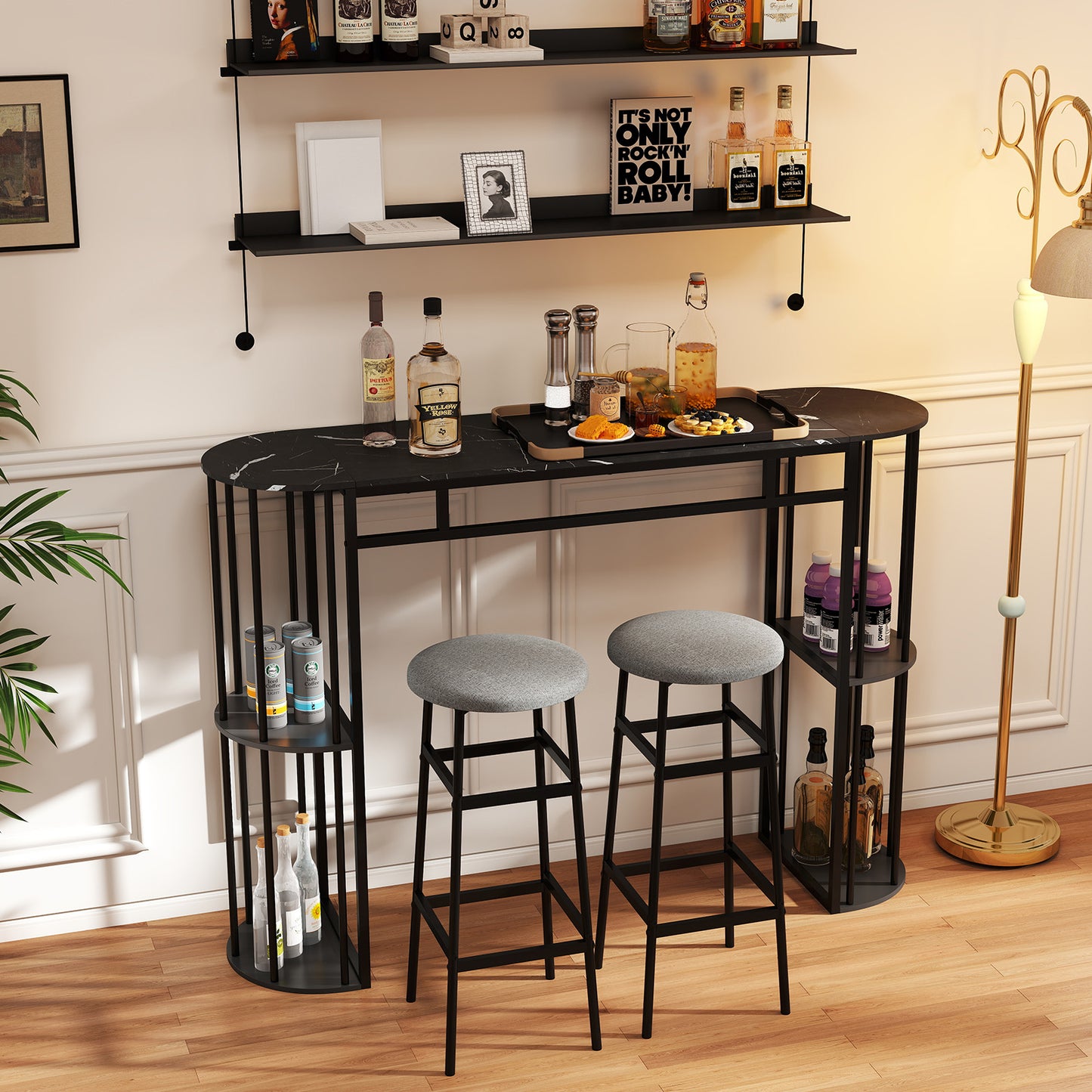 Patiojoy Bar Table 60-Inch Long Pub Rectangular High Top Pub Table with 4 Storage Shelves and Faux Marble Tabletop Black/White