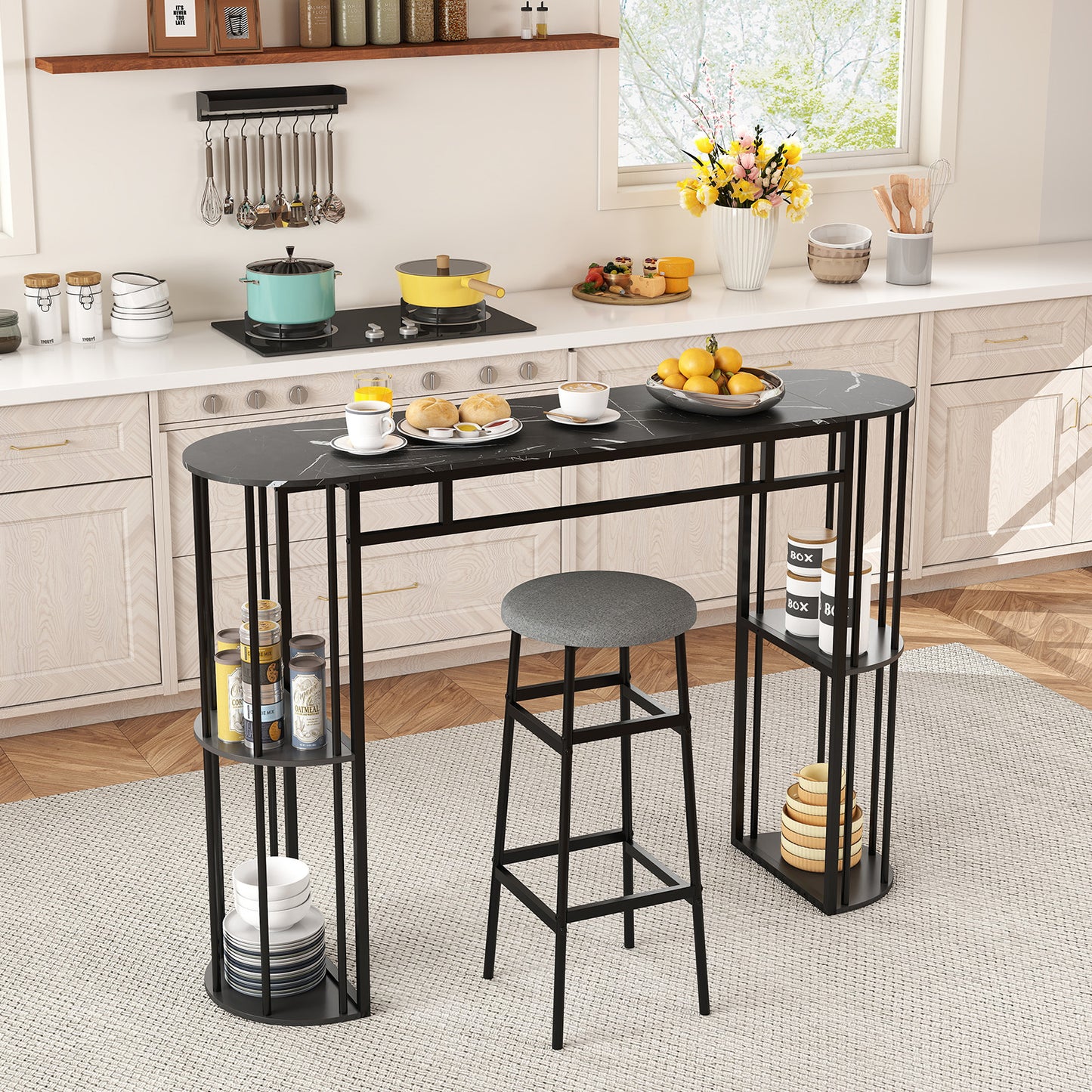 Patiojoy Bar Table 60-Inch Long Pub Rectangular High Top Pub Table with 4 Storage Shelves and Faux Marble Tabletop Black/White