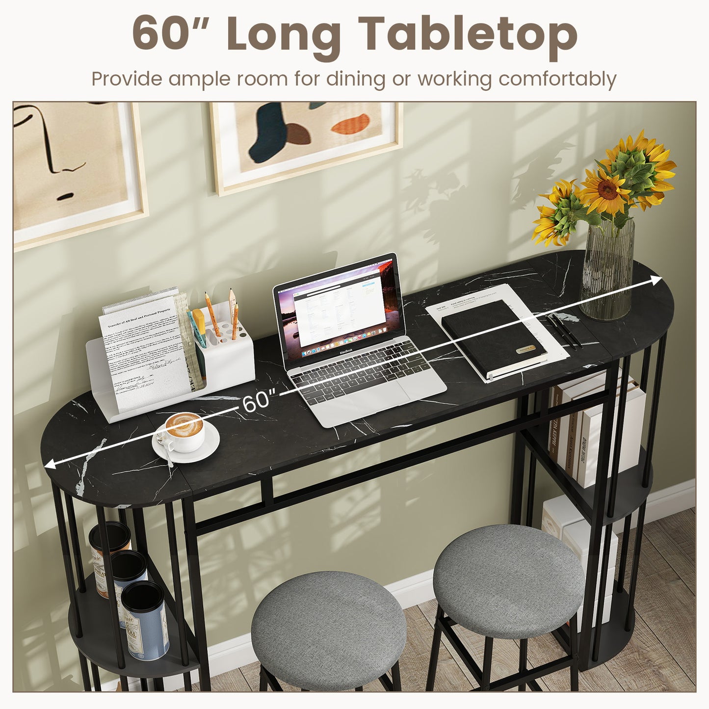 Patiojoy Bar Table 60-Inch Long Pub Rectangular High Top Pub Table with 4 Storage Shelves and Faux Marble Tabletop Black/White