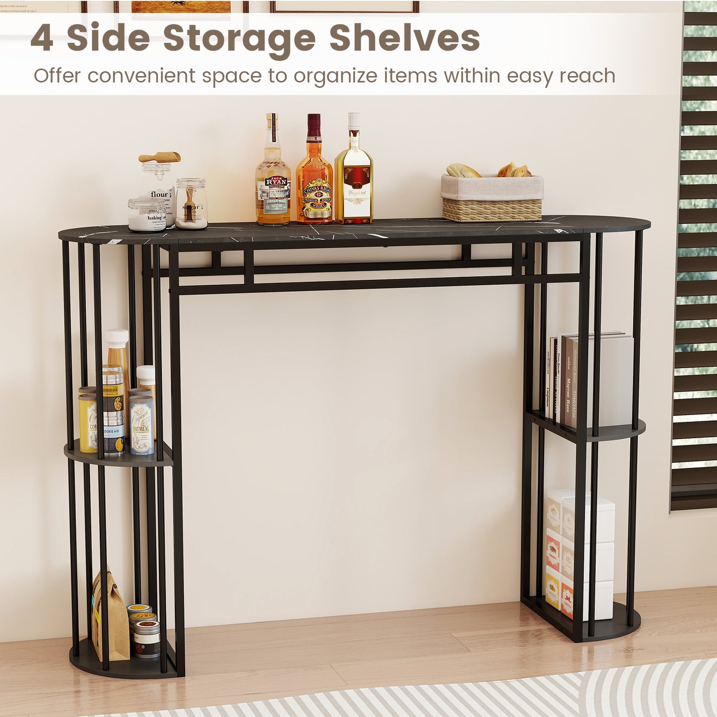 Patiojoy Bar Table 60-Inch Long Pub Rectangular High Top Pub Table with 4 Storage Shelves and Faux Marble Tabletop Black/White