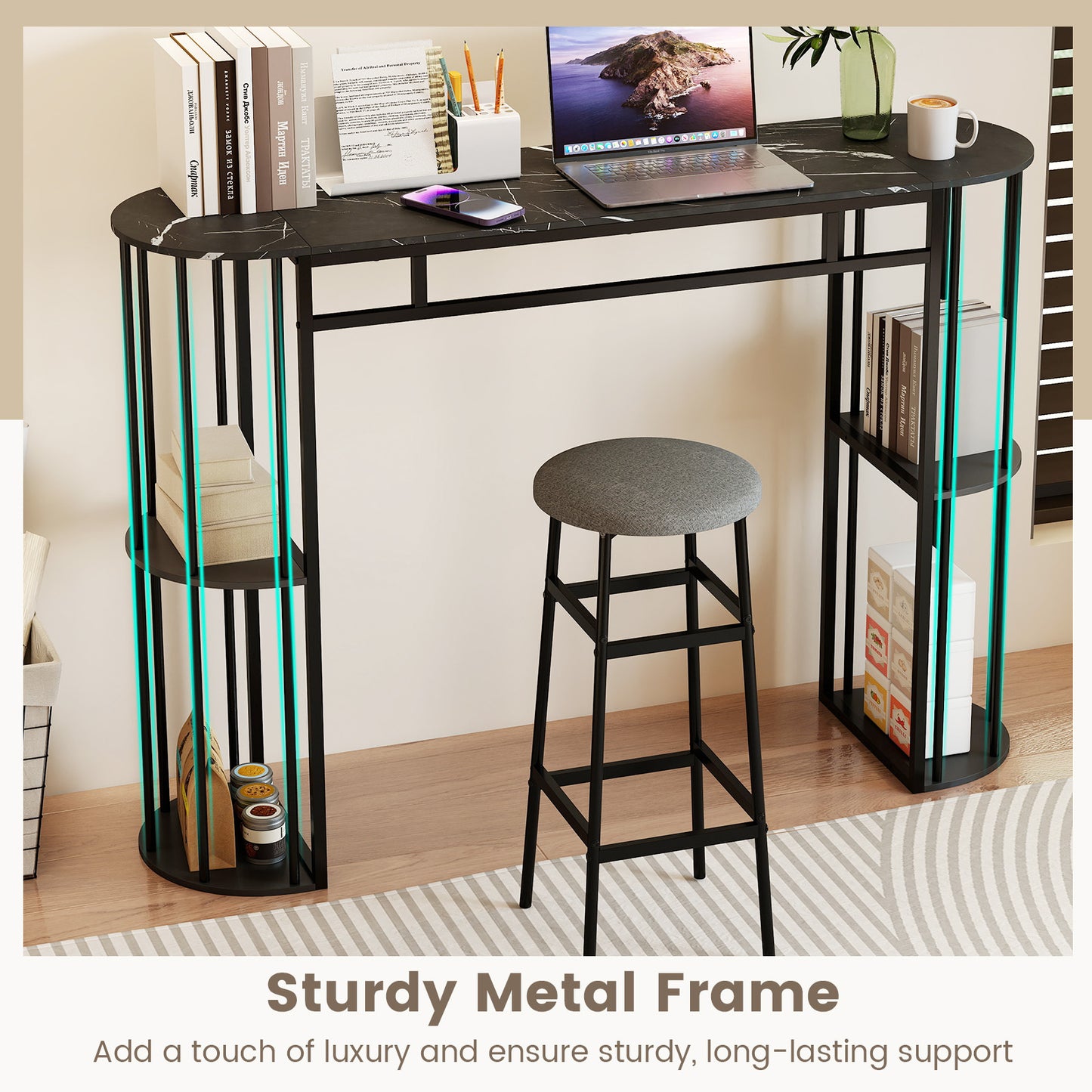 Patiojoy Bar Table 60-Inch Long Pub Rectangular High Top Pub Table with 4 Storage Shelves and Faux Marble Tabletop Black/White