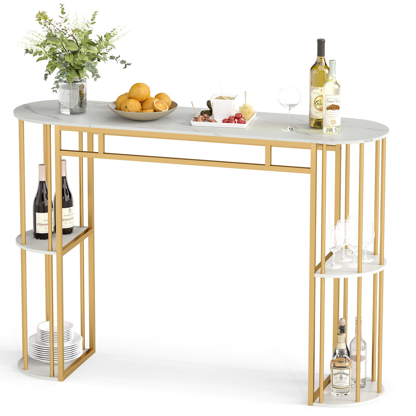 Patiojoy Bar Table 60-Inch Long Pub Rectangular High Top Pub Table with 4 Storage Shelves and Faux Marble Tabletop Black/White