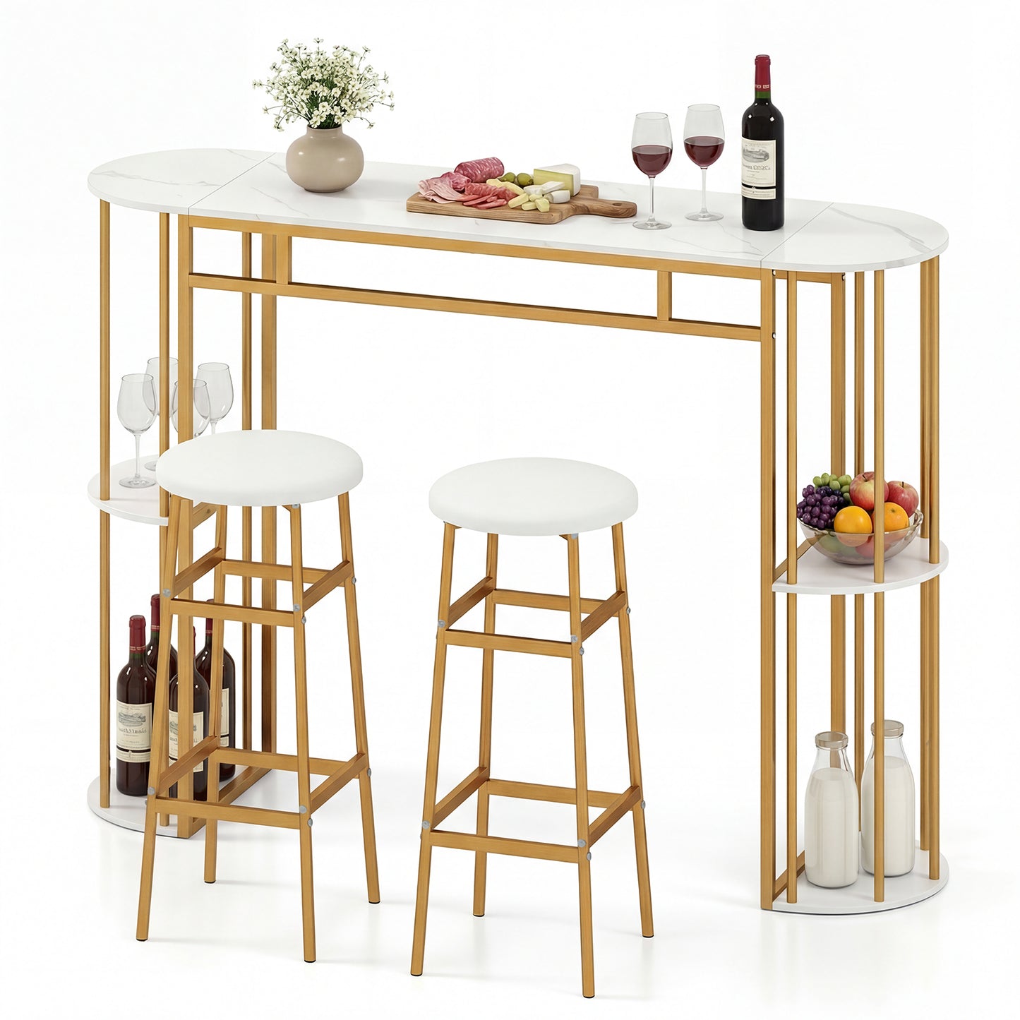 Patiojoy Bar Table Set for 2 with Storage Shelves 60" Dining Table & 2 Upholstered Barstools with Faux Marble Tabletop White/Black
