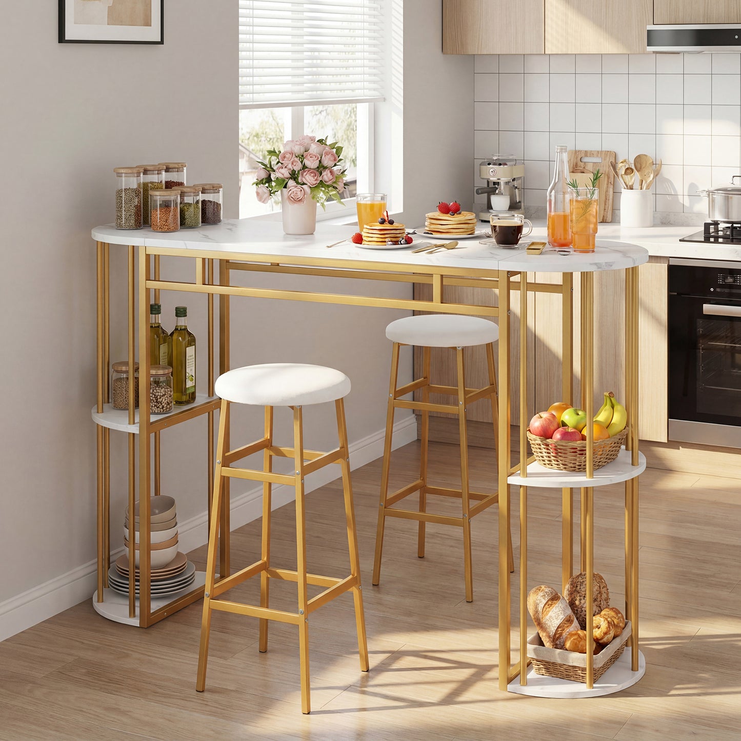 Patiojoy Bar Table Set for 2 with Storage Shelves 60" Dining Table & 2 Upholstered Barstools with Faux Marble Tabletop White/Black