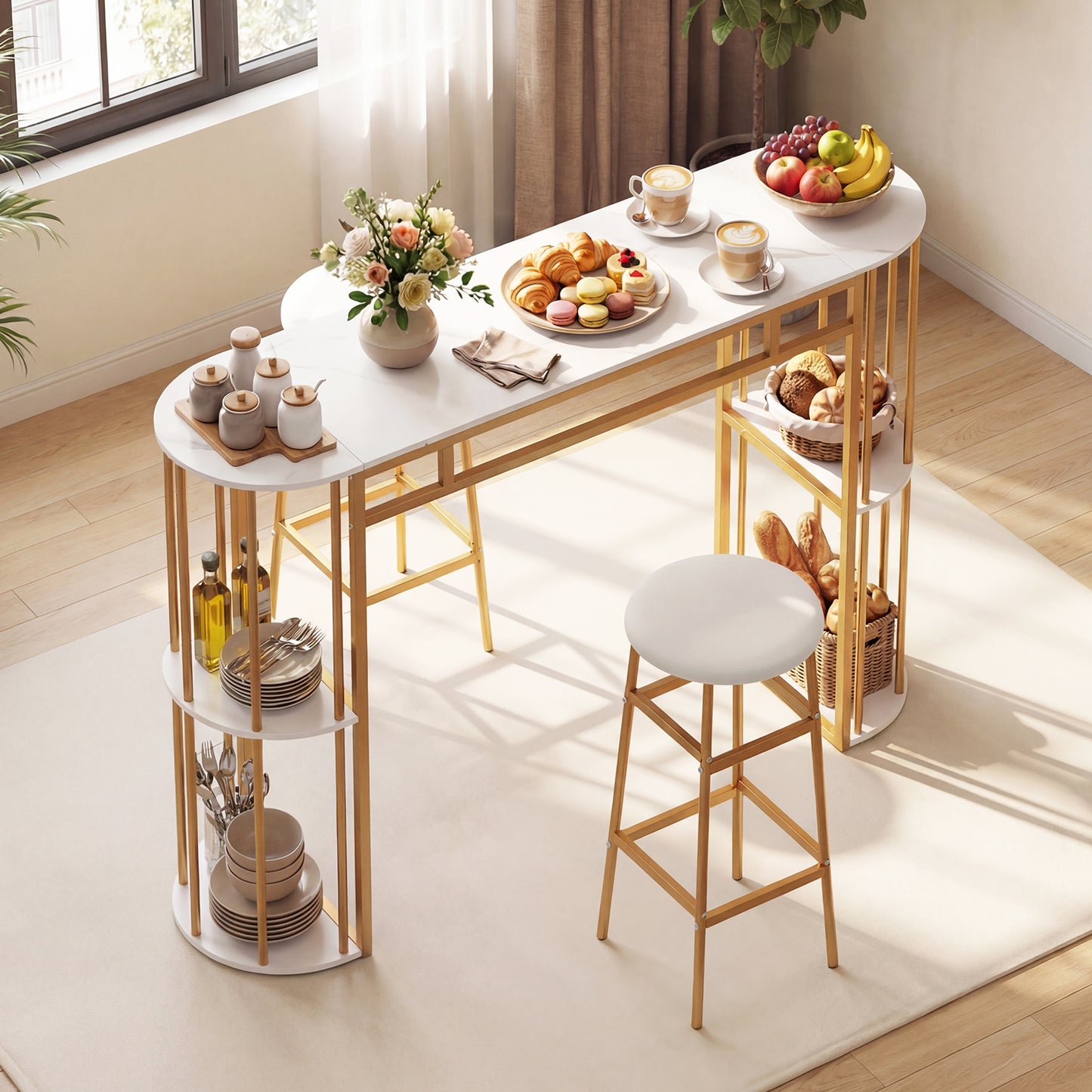 Patiojoy Bar Table Set for 2 with Storage Shelves 60" Dining Table & 2 Upholstered Barstools with Faux Marble Tabletop White/Black