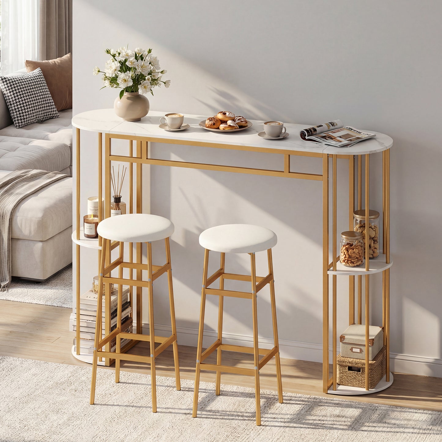 Patiojoy Bar Table Set for 2 with Storage Shelves 60" Dining Table & 2 Upholstered Barstools with Faux Marble Tabletop White/Black