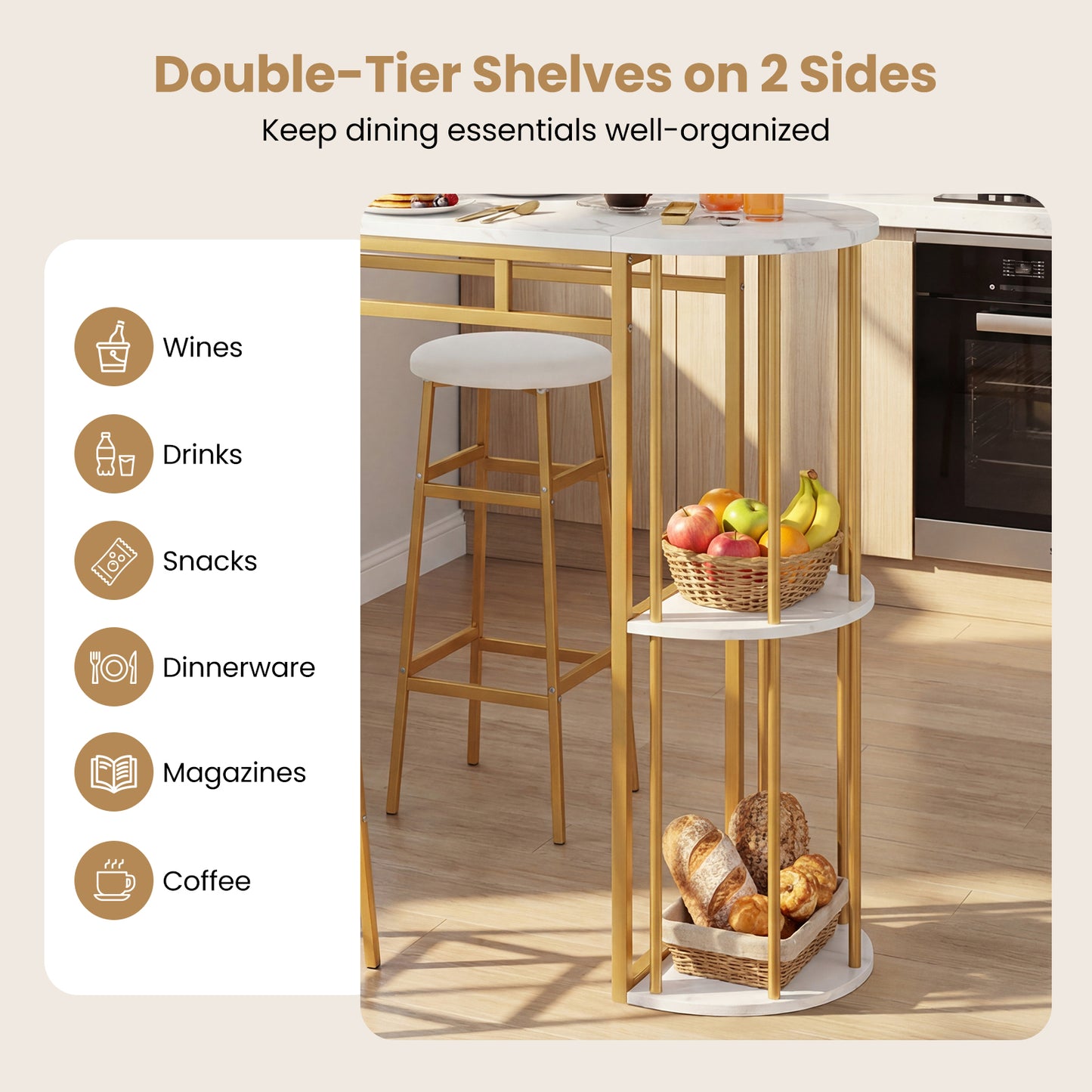 Patiojoy Bar Table Set for 2 with Storage Shelves 60" Dining Table & 2 Upholstered Barstools with Faux Marble Tabletop White/Black