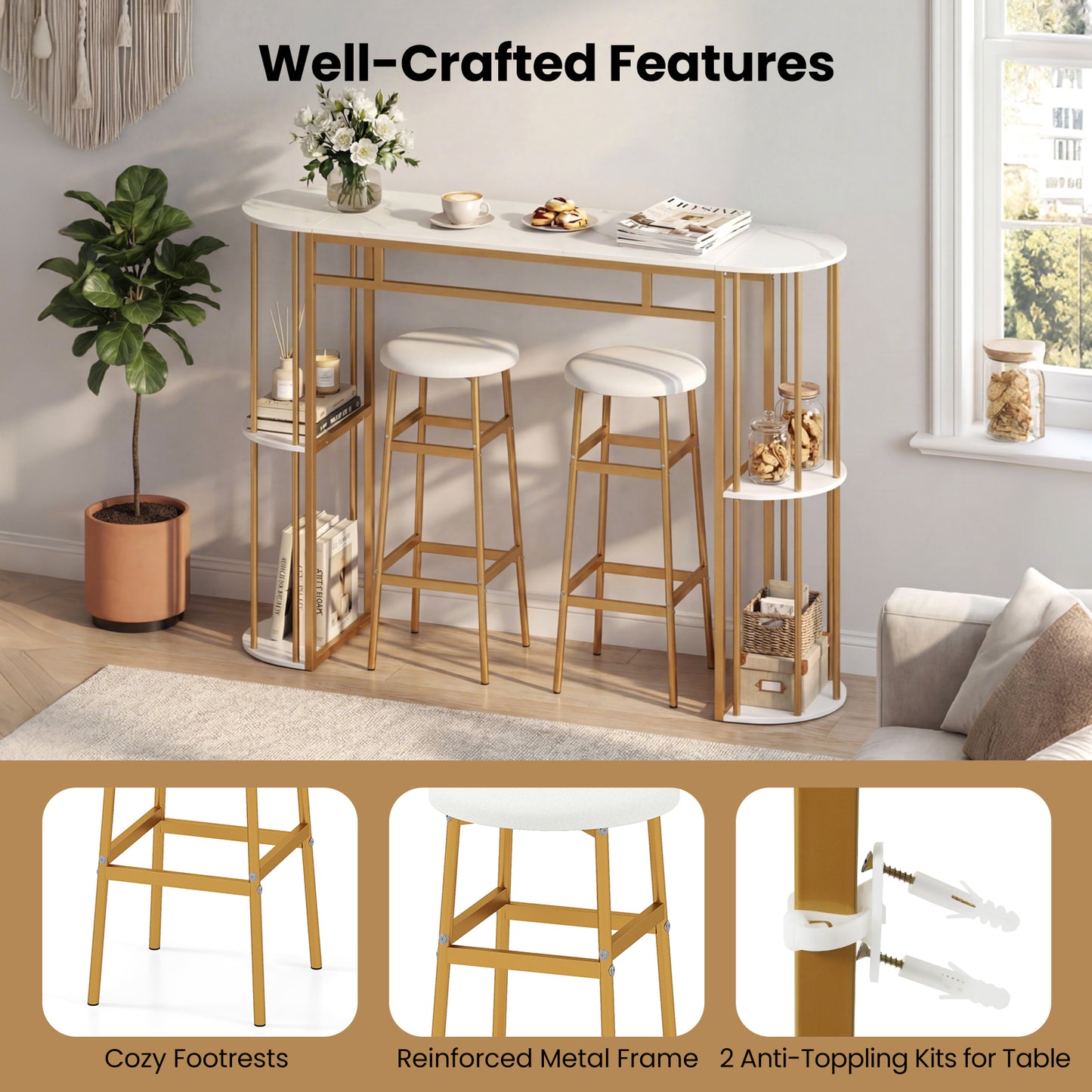 Patiojoy Bar Table Set for 2 with Storage Shelves 60" Dining Table & 2 Upholstered Barstools with Faux Marble Tabletop White/Black