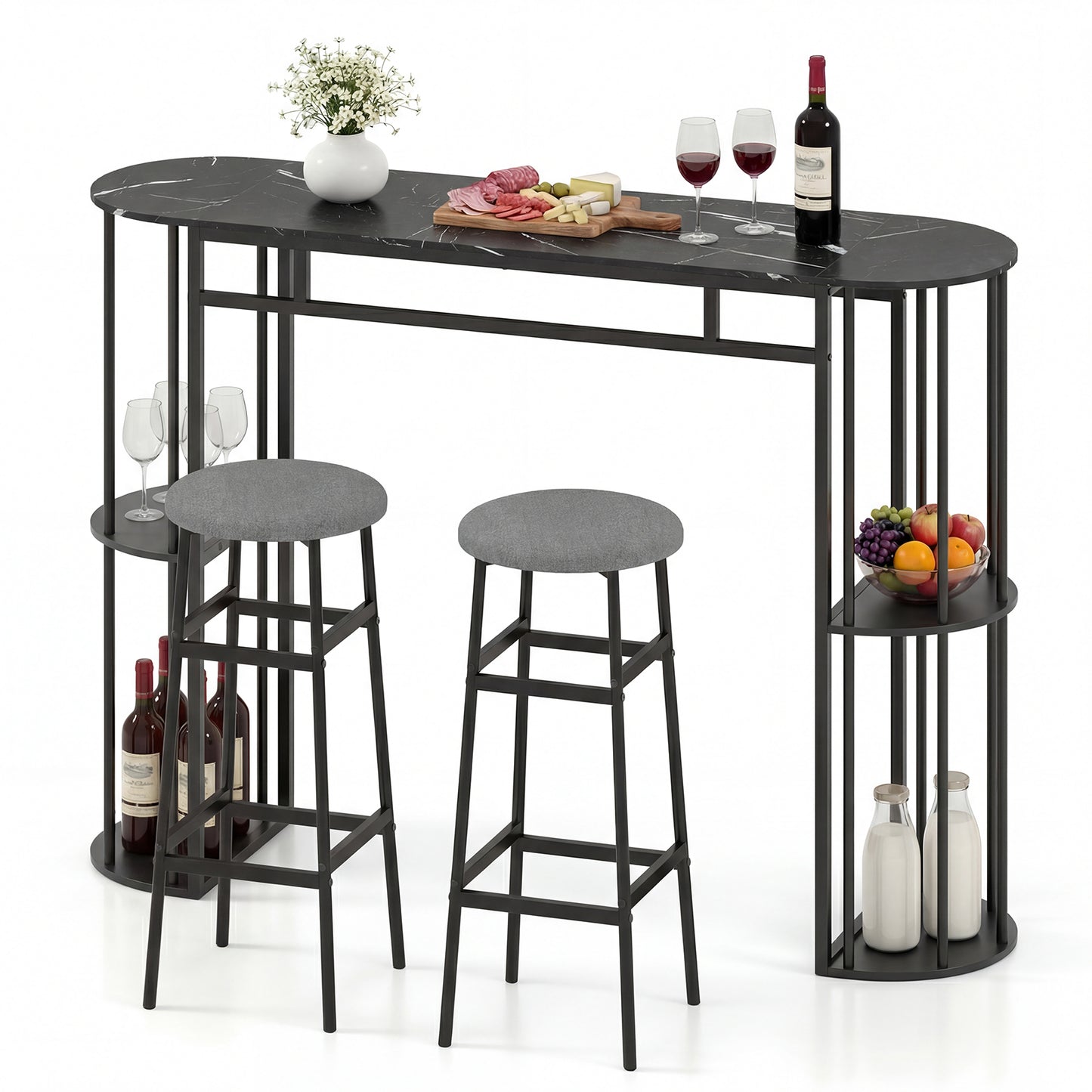 Patiojoy Bar Table Set for 2 with Storage Shelves 60" Dining Table & 2 Upholstered Barstools with Faux Marble Tabletop White/Black