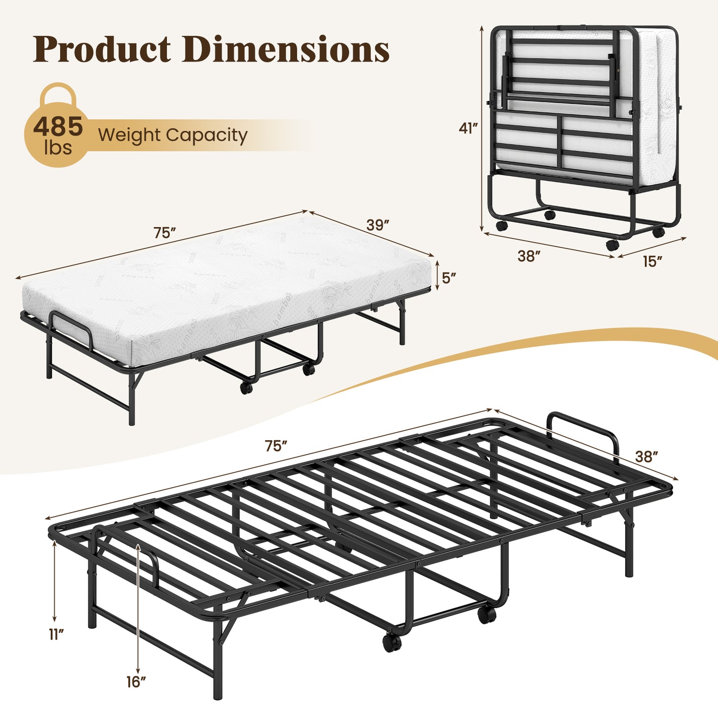 Patiojoy Folding Bed with Luxury 5" Mattress 75" x 38" Twin Size Roll Away Bed with Memory Foam Mattress
