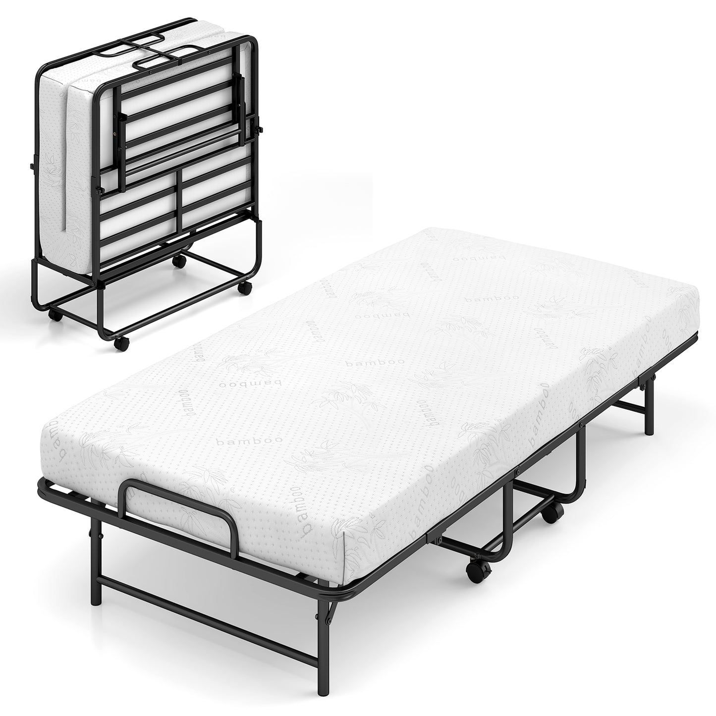 Patiojoy Folding Bed with Luxury 5" Mattress 75" x 38" Twin Size Roll Away Bed with Memory Foam Mattress