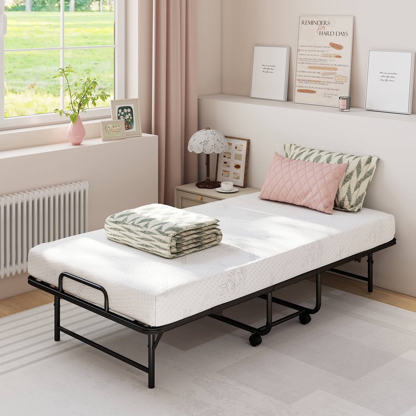 Patiojoy Folding Bed with Luxury 5" Mattress 75" x 38" Twin Size Roll Away Bed with Memory Foam Mattress
