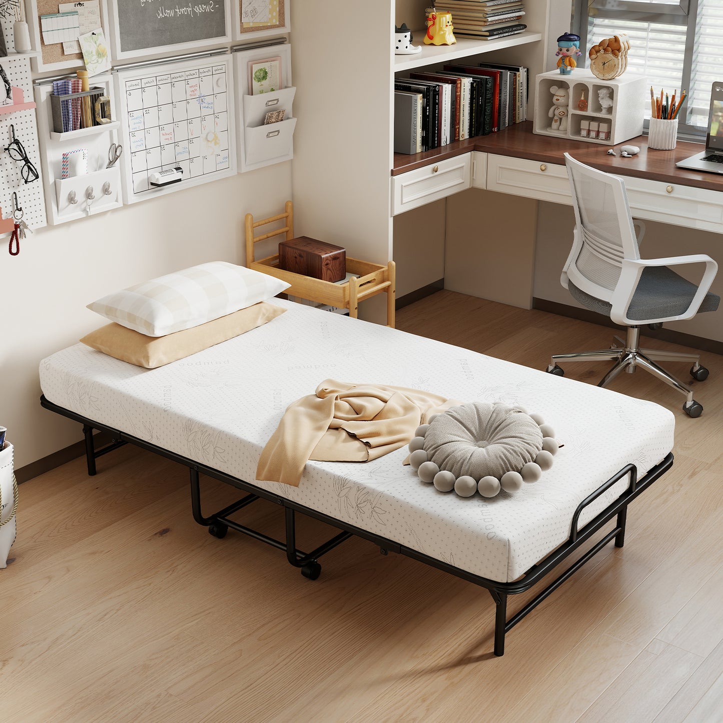 Patiojoy Folding Bed with Luxury 5" Mattress 75" x 38" Twin Size Roll Away Bed with Memory Foam Mattress
