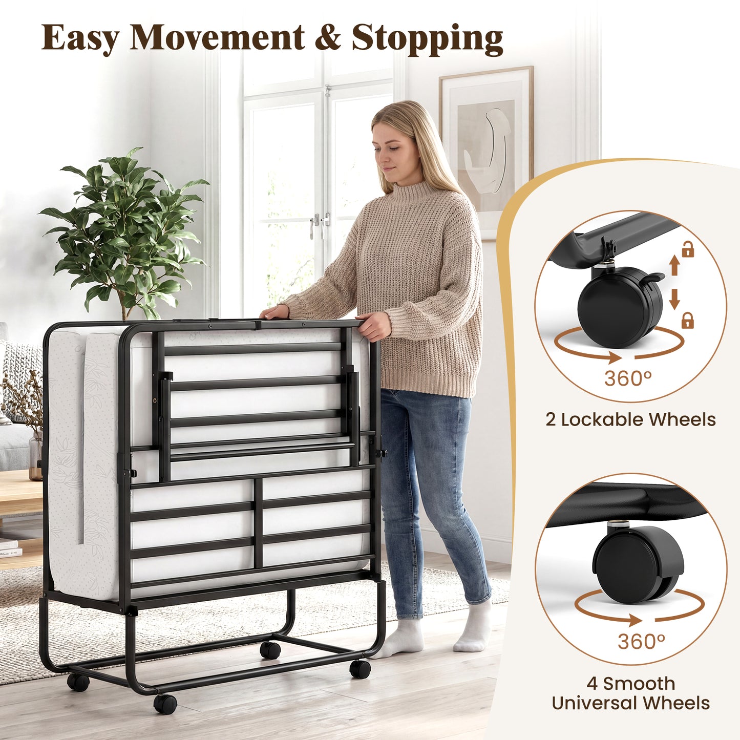 Patiojoy Folding Bed with Luxury 5" Mattress 75" x 38" Twin Size Roll Away Bed with Memory Foam Mattress