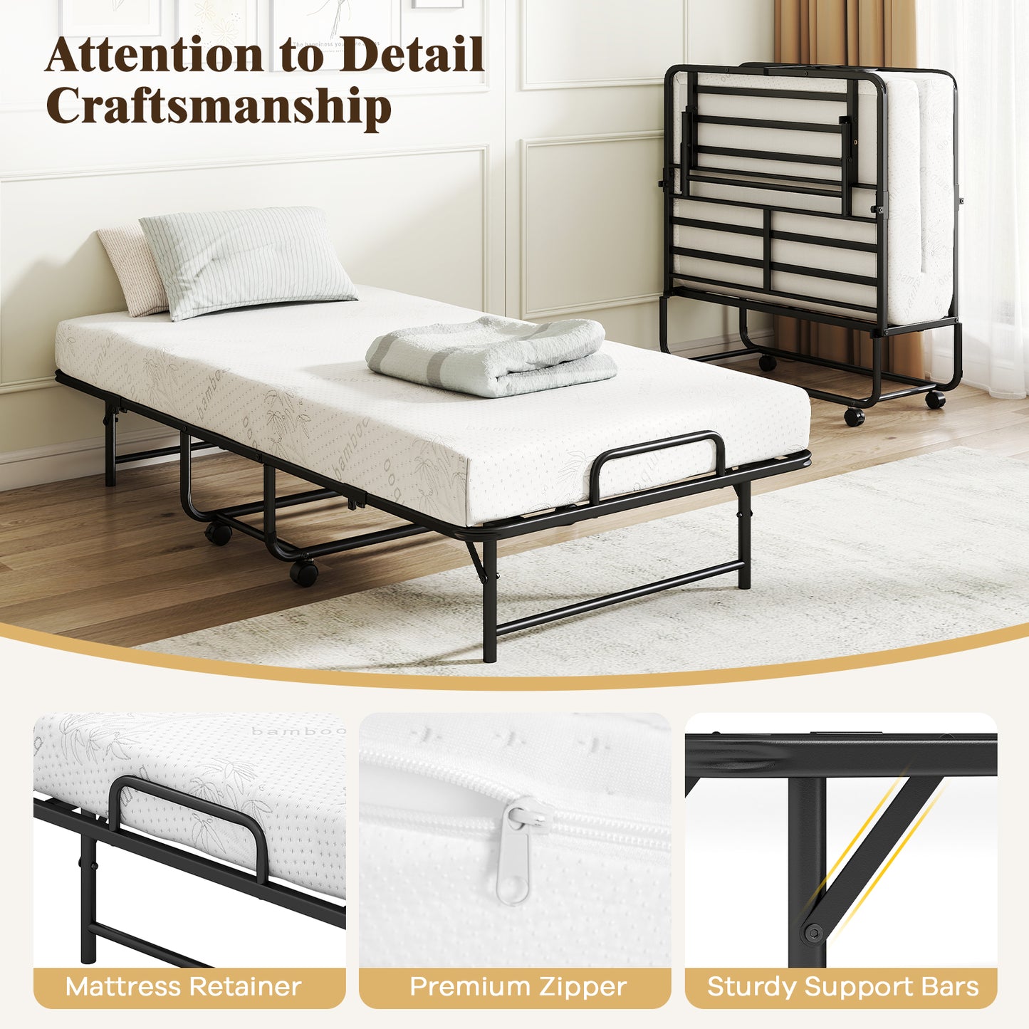 Patiojoy Folding Bed with Luxury 5" Mattress 75" x 38" Twin Size Roll Away Bed with Memory Foam Mattress