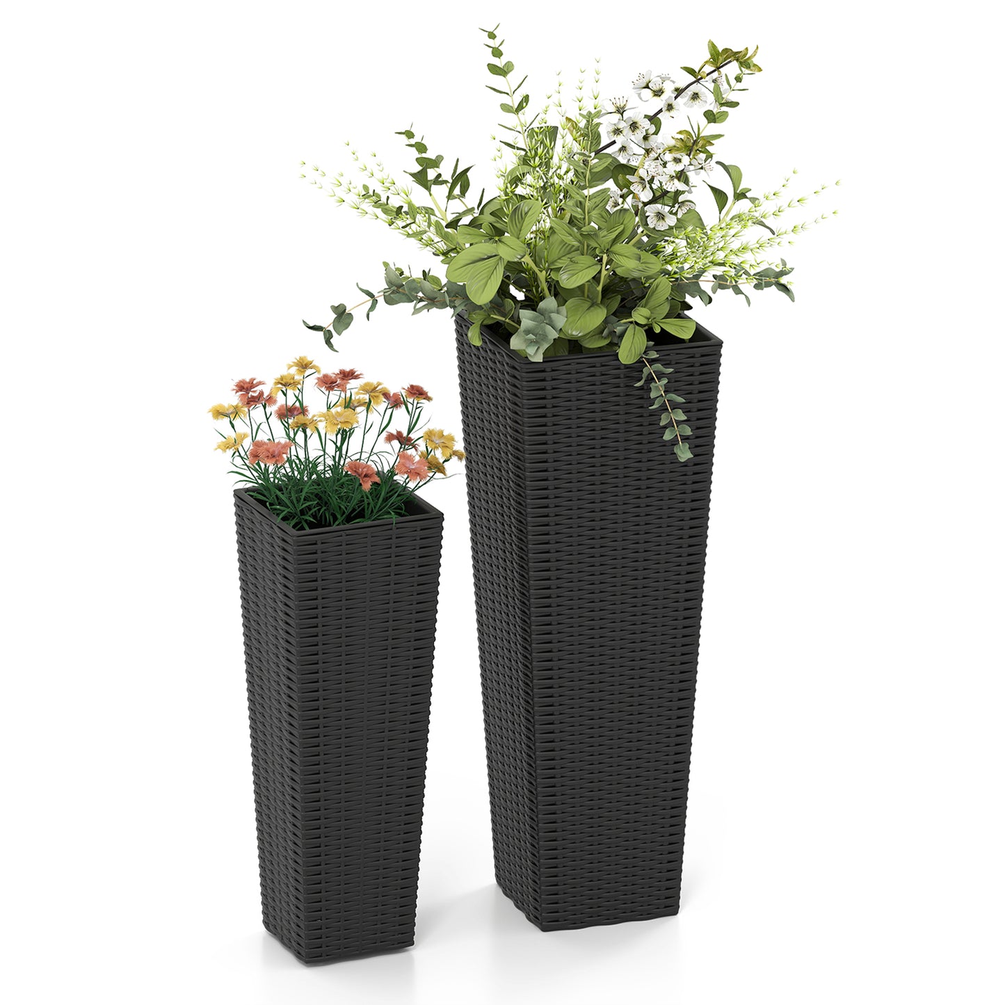 Patiojoy Set of 2 Planters for Outdoor Plants Tall Tapered Plants w/Inner Trays Drainage Holes Black/Coffee
