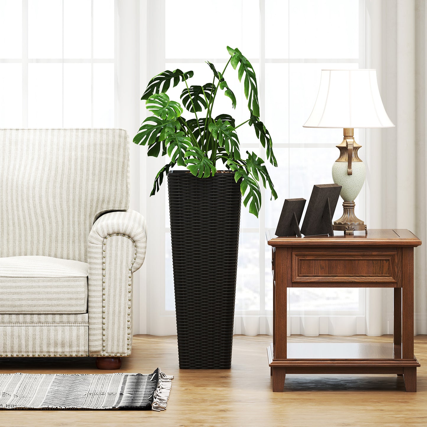 Patiojoy Set of 2 Planters for Outdoor Plants Tall Tapered Plants w/Inner Trays Drainage Holes Black/Coffee