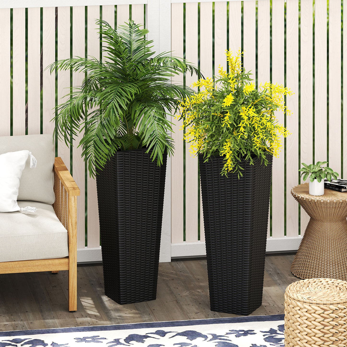Patiojoy Set of 2 Planters for Outdoor Plants Tall Tapered Plants w/Inner Trays Drainage Holes Black/Coffee