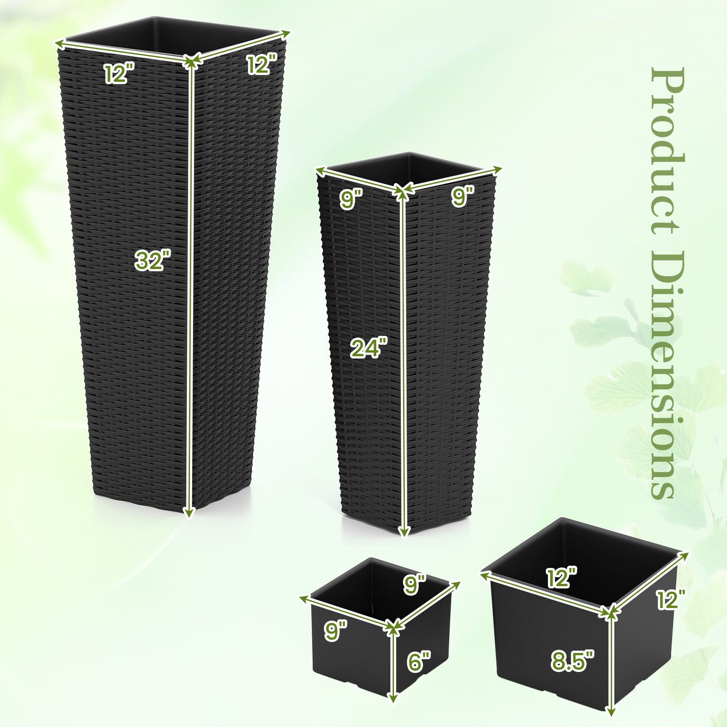 Patiojoy Set of 2 Planters for Outdoor Plants Tall Tapered Plants w/Inner Trays Drainage Holes Black/Coffee