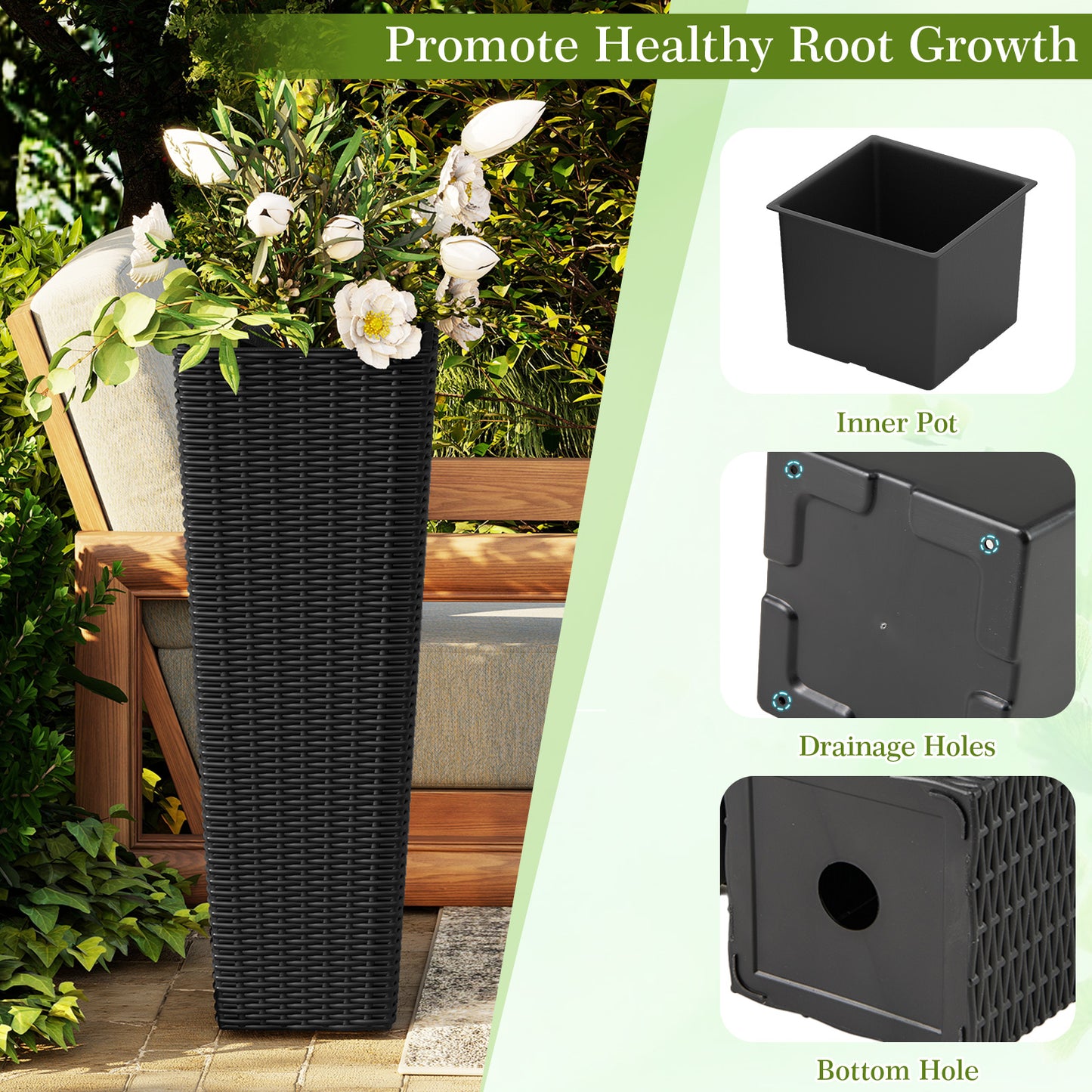 Patiojoy Set of 2 Planters for Outdoor Plants Tall Tapered Plants w/Inner Trays Drainage Holes Black/Coffee