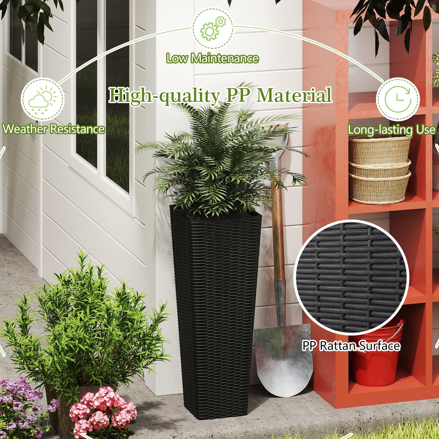 Patiojoy Set of 2 Planters for Outdoor Plants Tall Tapered Plants w/Inner Trays Drainage Holes Black/Coffee