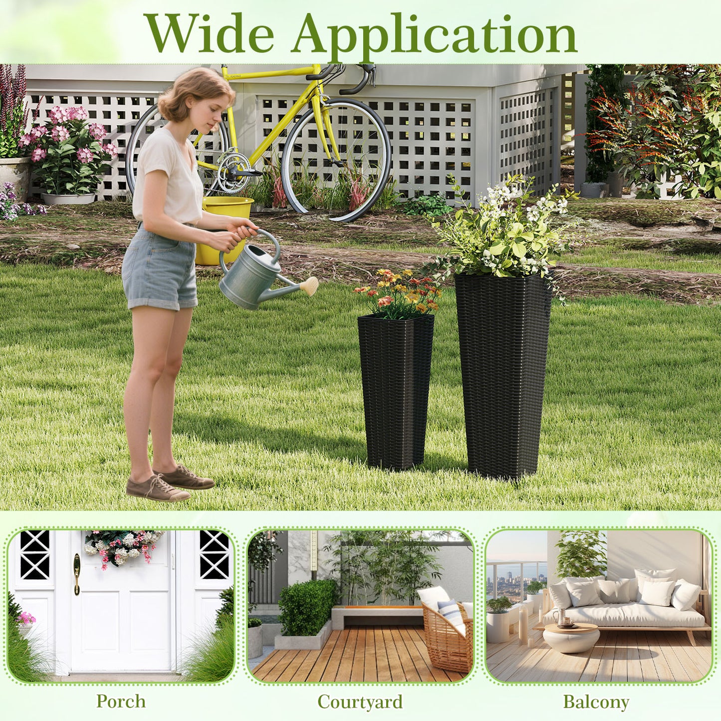 Patiojoy Set of 2 Planters for Outdoor Plants Tall Tapered Plants w/Inner Trays Drainage Holes Black/Coffee