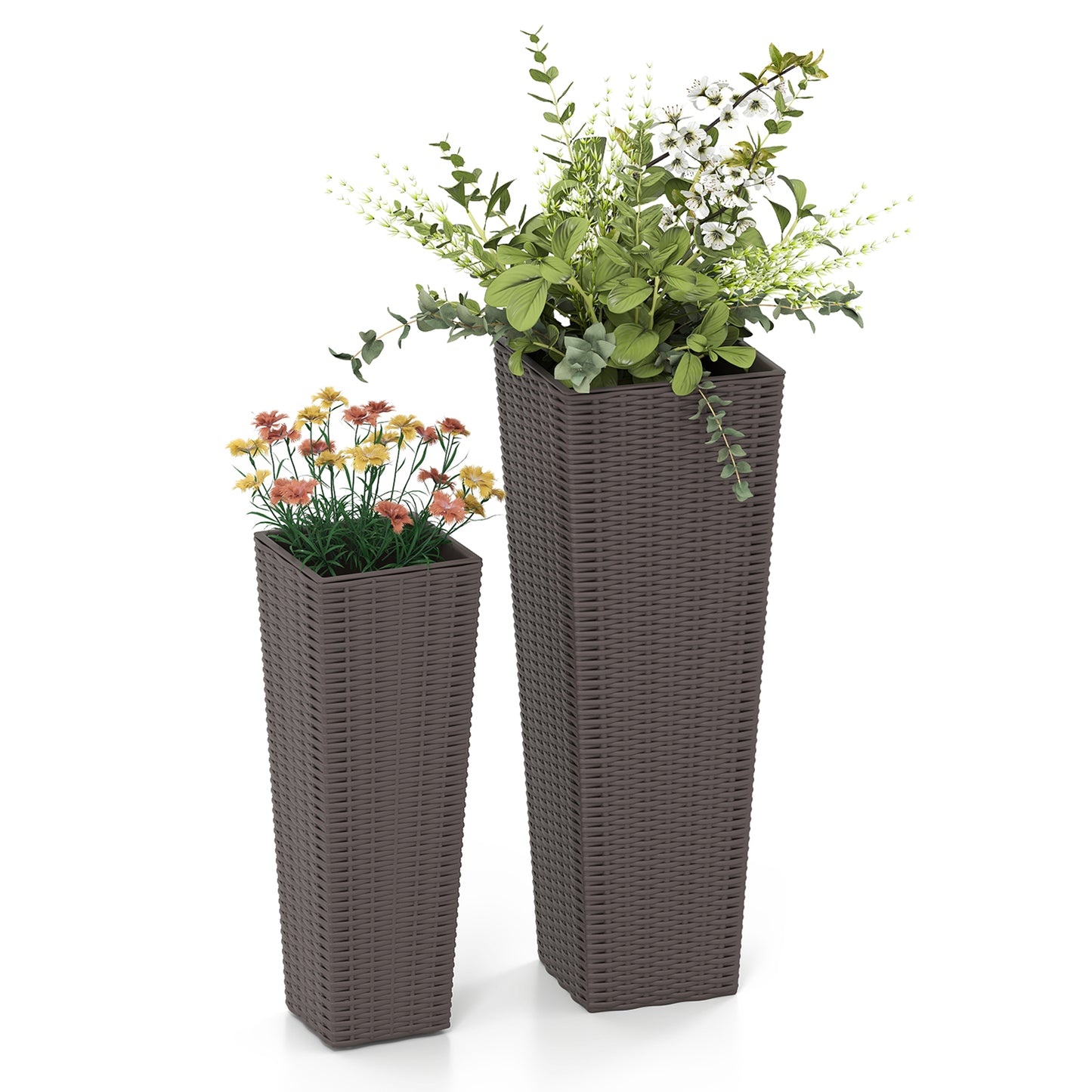 Patiojoy Set of 2 Planters for Outdoor Plants Tall Tapered Plants w/Inner Trays Drainage Holes Black/Coffee