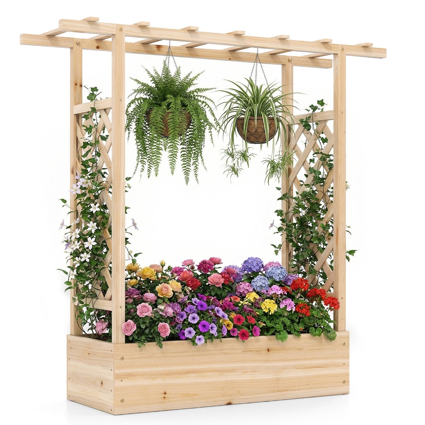 Patiojoy Raised Garden Bed with Flat Roof & Side Trellis  Fir Wood Planter Box with Drainage Holes Natural/Orange