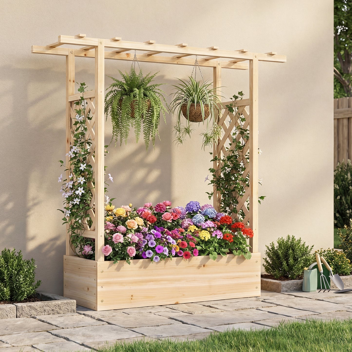 Patiojoy Raised Garden Bed with Flat Roof & Side Trellis  Fir Wood Planter Box with Drainage Holes Natural/Orange