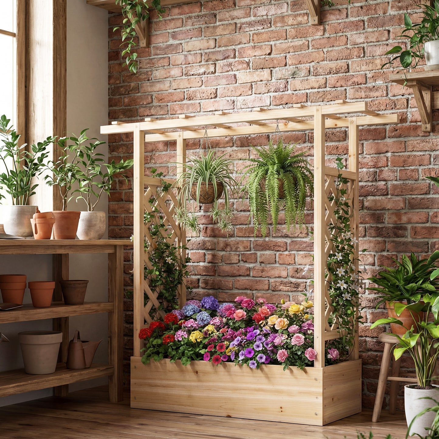 Patiojoy Raised Garden Bed with Flat Roof & Side Trellis  Fir Wood Planter Box with Drainage Holes Natural/Orange
