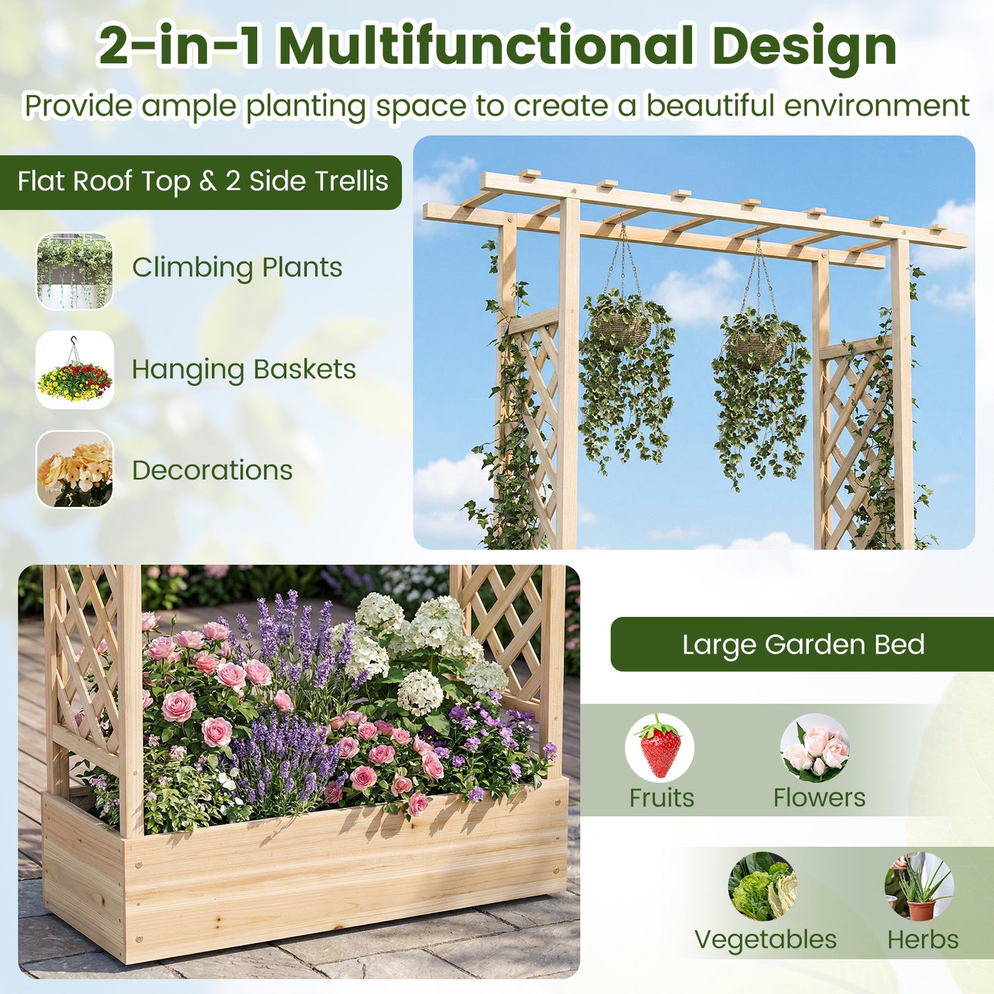 Patiojoy Raised Garden Bed with Flat Roof & Side Trellis  Fir Wood Planter Box with Drainage Holes Natural/Orange