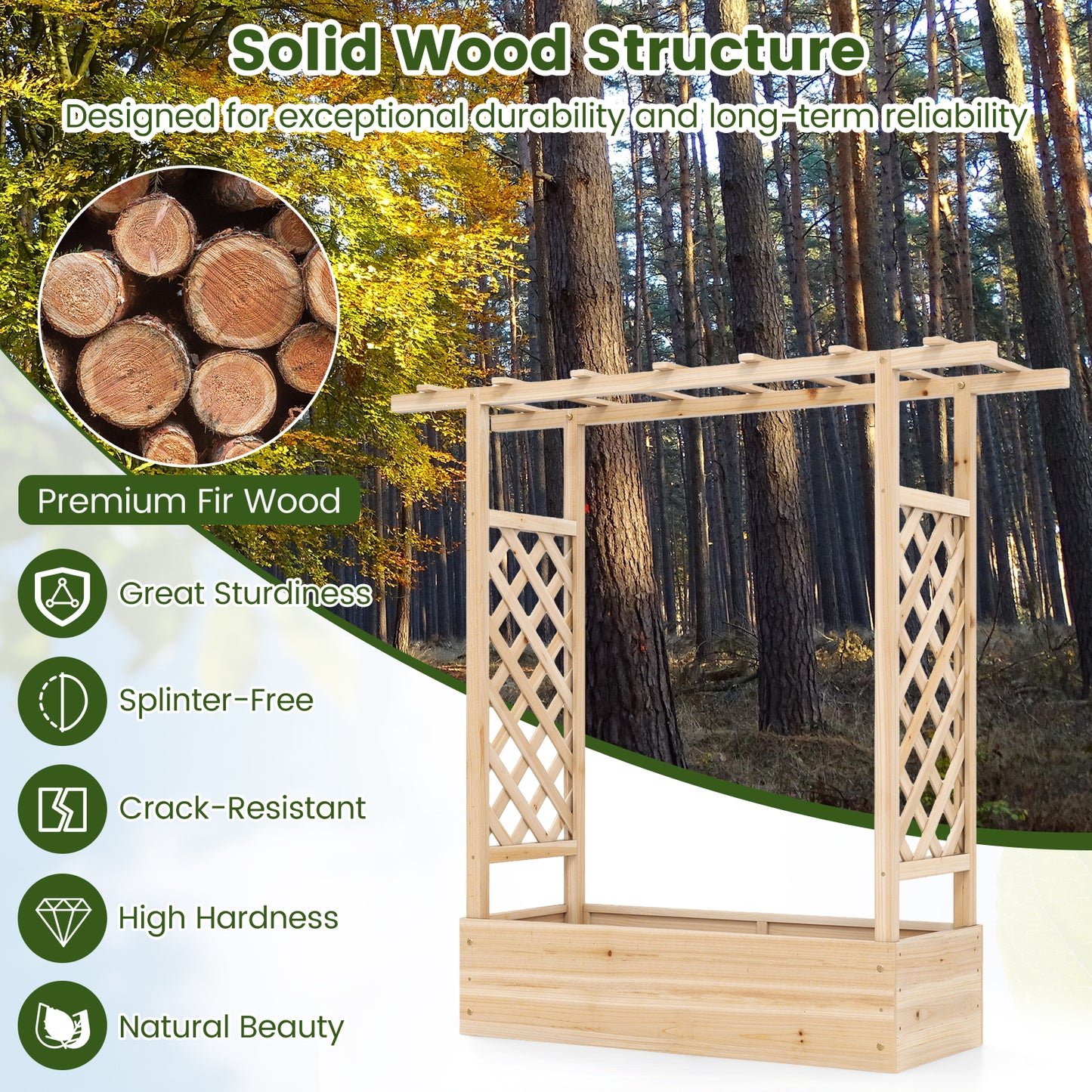 Patiojoy Raised Garden Bed with Flat Roof & Side Trellis  Fir Wood Planter Box with Drainage Holes Natural/Orange