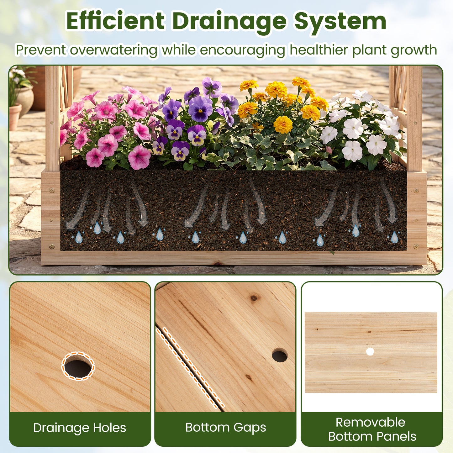 Patiojoy Raised Garden Bed with Flat Roof & Side Trellis  Fir Wood Planter Box with Drainage Holes Natural/Orange