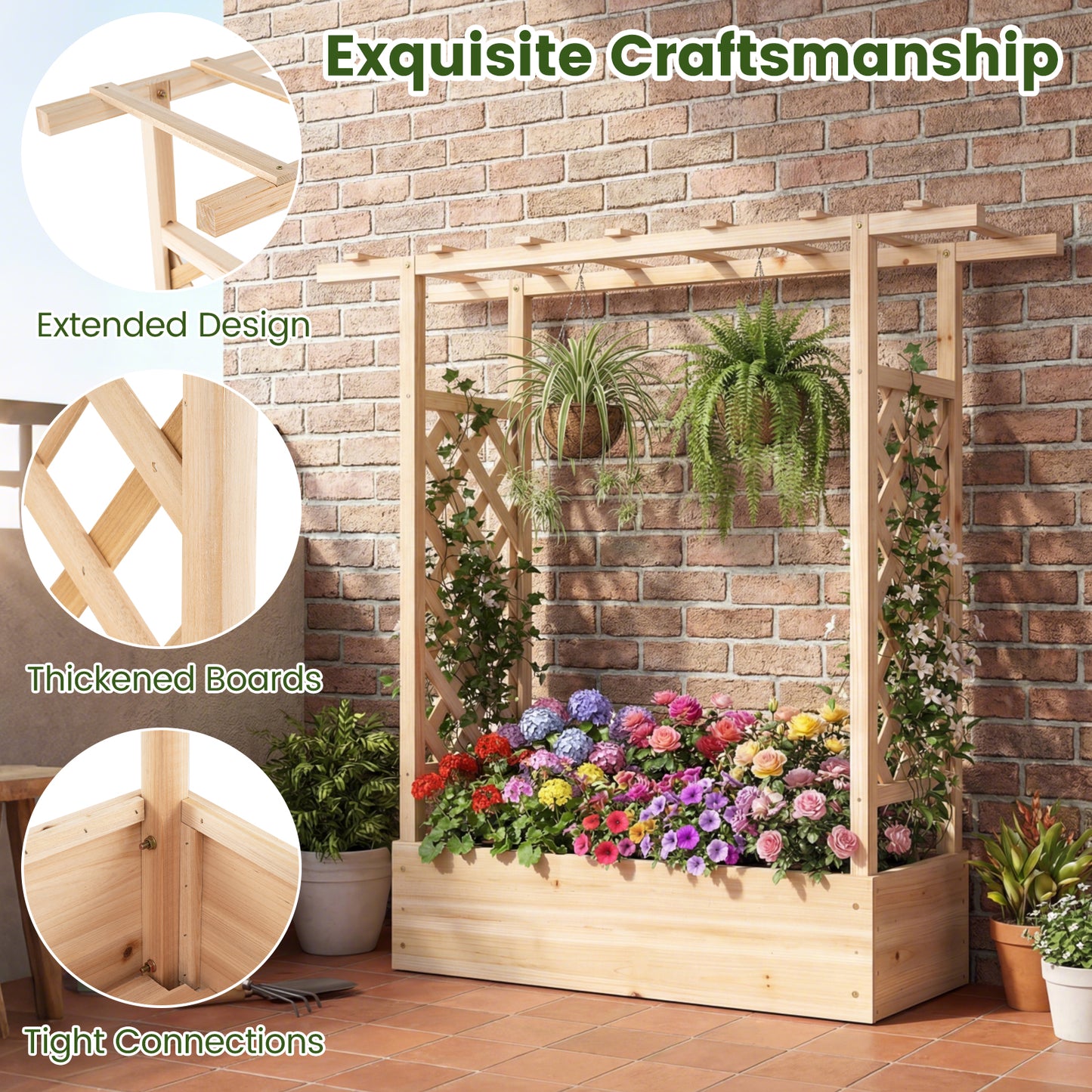 Patiojoy Raised Garden Bed with Flat Roof & Side Trellis  Fir Wood Planter Box with Drainage Holes Natural/Orange