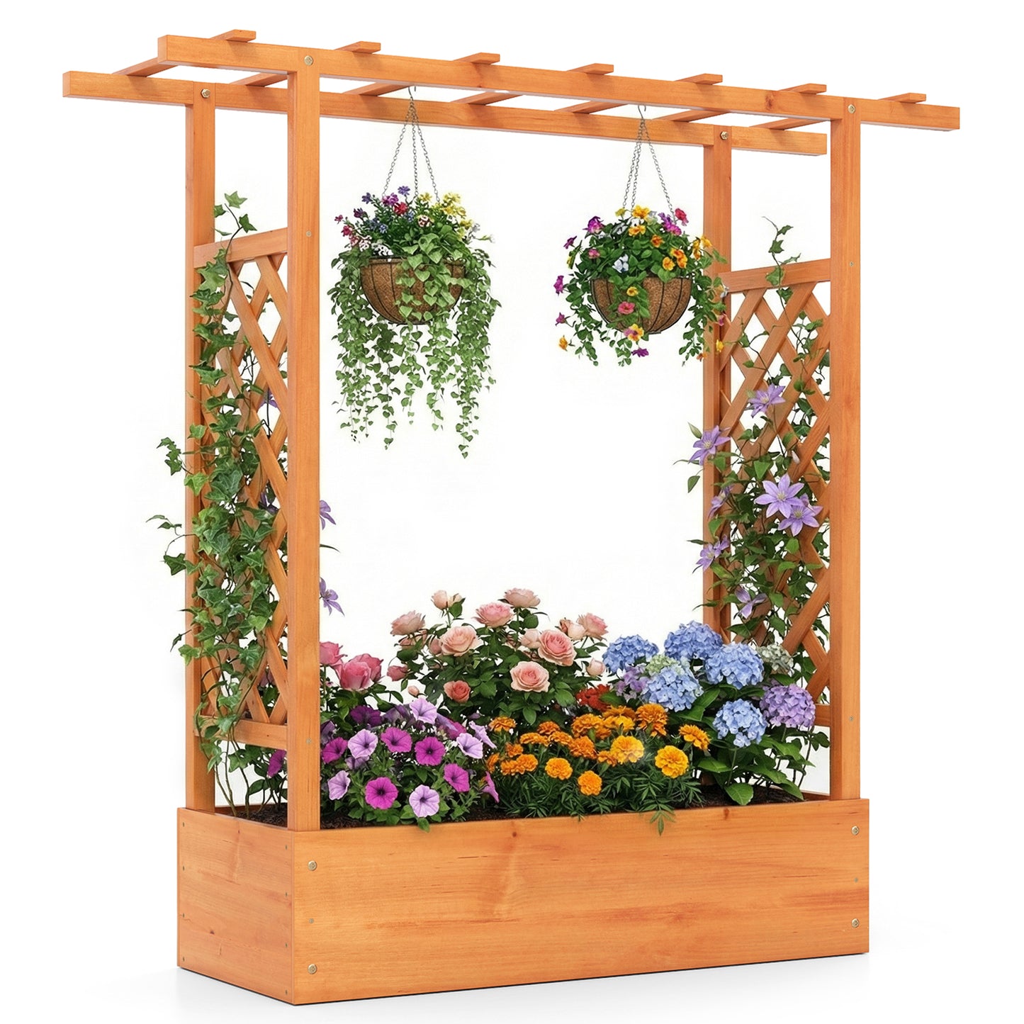 Patiojoy Raised Garden Bed with Flat Roof & Side Trellis  Fir Wood Planter Box with Drainage Holes Natural/Orange