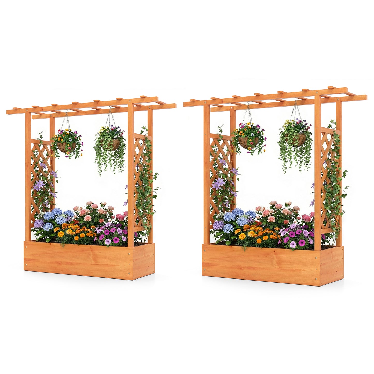Patiojoy Raised Garden Bed with Flat Roof & Side Trellis  Fir Wood Planter Box with Drainage Holes Natural/Orange